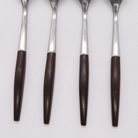 Vtg Set of 4 Dinner Forks Interpur Canoe Hearts Stainless Brown Handle MCM Japan - Picture 10 of 10